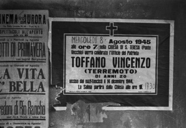 Italia Dopoguerra. Marzabotto - Manifesto che annuncia la commemorazione di Vincenzo Toffano