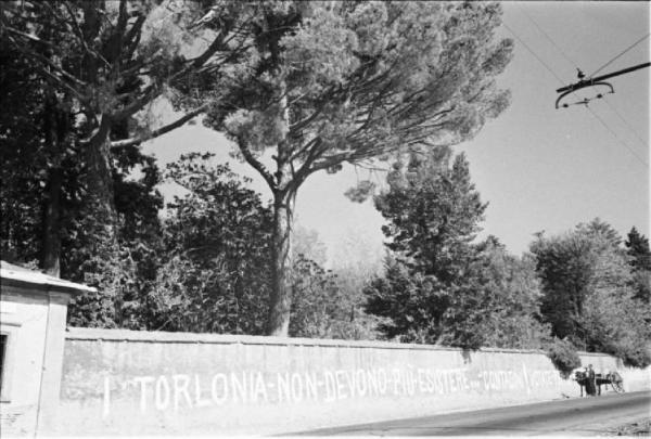 Invasione delle terre. Muro di cinta con scritta di protesta contro i Torlonia. Sullo sfondo un carretto con cavallo
