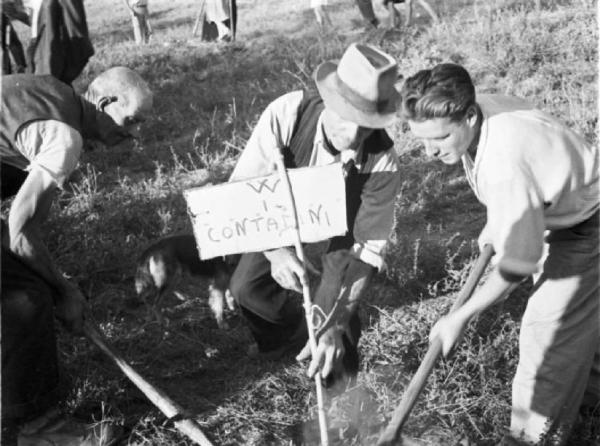 Invasione delle terre. Gruppo di contadini che manifestano in un prato. Tre uomini piantano un cartello con la scritta "W i contadini"