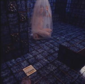 Ceramiche artistiche Piemme. Nudo femminile avvolto in un cellophane posa all'interno di un bagno - una piastrella con il marchio dell'azienda