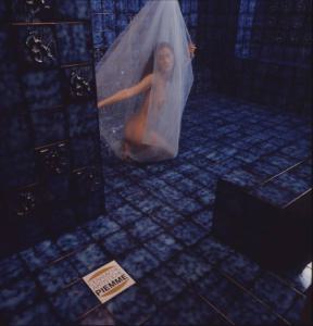 Ceramiche artistiche Piemme. Nudo femminile avvolta in un cellophane posa all'interno di un bagno - in primo piano una piastrella con il marchio dell'azienda