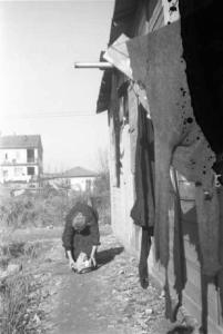 Italia Dopoguerra. Milano - Quartiere Baggio - Donna anziana raccoglie una baccinella con panni da stendere