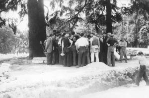 Milano. Dopoguerra. Gruppo di persone riunito in discussione all'interno di un parco urbano