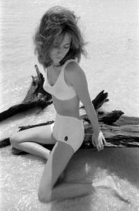 Ritratto femminile - modella seduta su un tronco indossa un bikini scuro, mare sullo sfondo