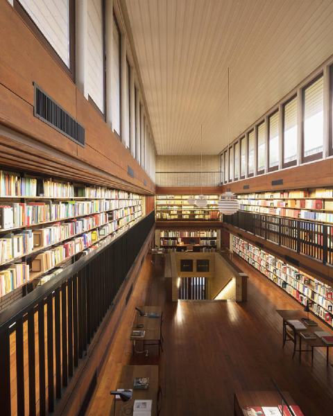 Atlante. Roma - Accademia di Danimarca (architetto Kay Fisker, 1962-1967) - Biblioteca - Dettaglio interno: scaffali, libri