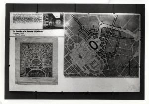 XVI Triennale - Secondo ciclo - Catasto del disegno - Giuseppe de Finetti, progetti 1920-1951 - Pannello con il progetto per lo stadio e le terme di Milano