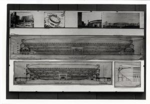 XVI Triennale - Secondo ciclo - Catasto del disegno - Giuseppe de Finetti, progetti 1920-1951 - Pannello con il progetto per una stazione tramviaria