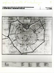 XVI Triennale - Terzo ciclo - Conoscenza della città - Concorso di idee per un museo metropolitano milanese - Pannello grafico di analisi del sistema museale a Milano all'inizio del XVII secolo