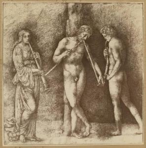 Raibolini, Francesco detto Francia - Tre figure con strumenti musicali - Disegno - Vienna - Albertina