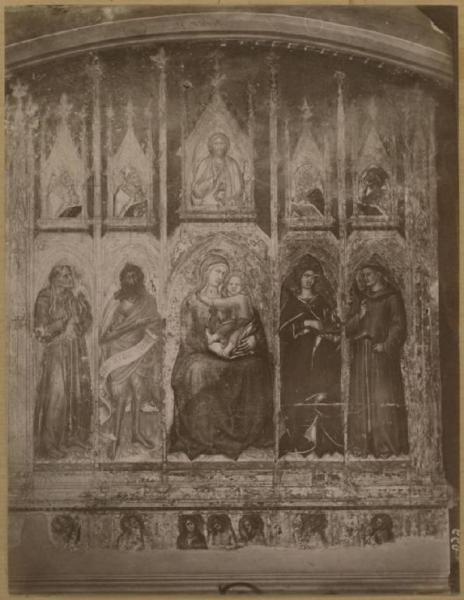 Ambito di Simone Martini - Madonna con Bambino, santi, Cristo benedicente, padri della Chiesa, Evangelisti, Pietà (polittico) - Dipinto su tavola
