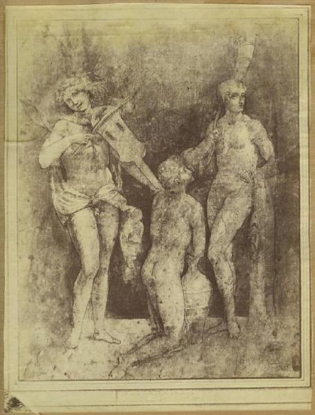 Ambito di Francesco Francia - Nudo maschile in ginocchio di spalle tra due figure con strumenti musicali - Disegno