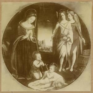 Piero di Cosimo - Adorazione del Bambino con san Giovannino e angeli musicanti - Dipinto su tavola trasportato su tela - San Pietroburgo - Ermitage
