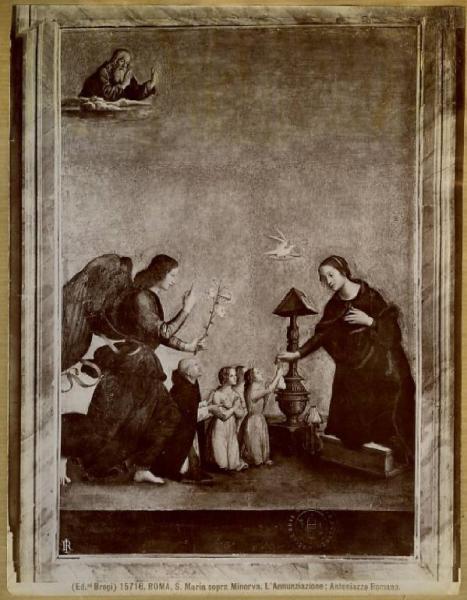 Antoniazzo Romano - Annunciazione e il cardinale Juan de Torquemada che presenta le fanciulle povere - Dipinto su tavola - Roma - Chiesa di S. Maria sopra Minerva - Cappella dell'Annunziata