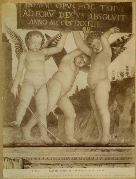 Mantegna, Andrea - Famigli con cani e geni reggitarga (part.) - Affresco - Mantova - Palazzo Ducale - Camera degli Sposi - Parete ovest