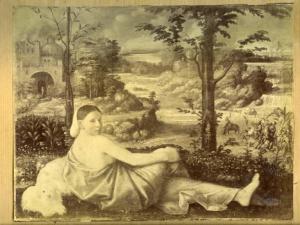 Busi, Giovanni detto Cariani - Figura femminile distesa in un paesaggio con cane - Dipinto - Olio su tela - Berlino - Kaiser Friedrich Museum