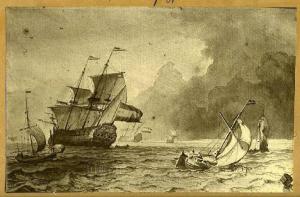 Backhuysen, Ludolf - Marina - Nave da guerra che porta la bandiera olandese e barche - Disegno - Parigi - Louvre - Département des Arts graphiques