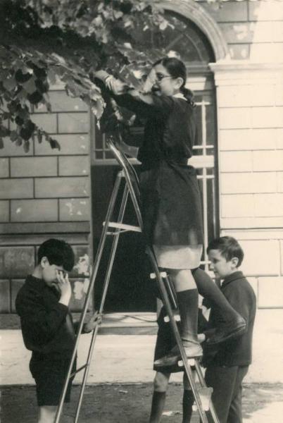 Istituto dei Ciechi di Milano - Scuola elementare - Cortile - Bambina su una scala raccoglie delle foglie di un albero