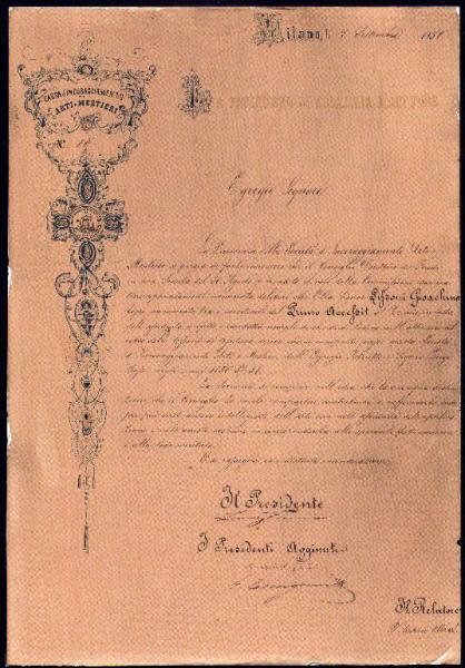 Cassa d'Incoraggiamento di Arti e Mestieri-Milano - Premio "Primo Accessit" a Gioachino Lissoni, 7 settembre 1858