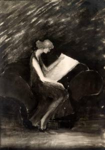 Dipinto - donna che legge sul divano - Guido Ravasi