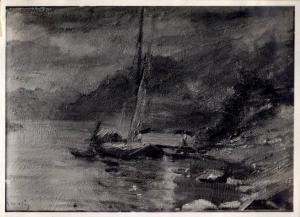 Dipinto - barca a vela vicino alla riva di un lago - Guido Ravasi