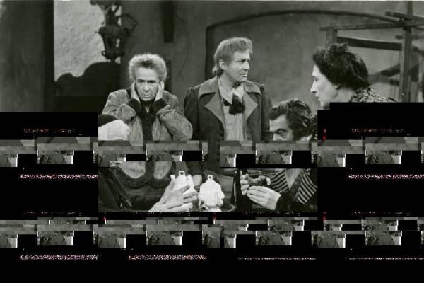 Scena del film "Don Buonaparte" - Regia Flavio Calzavara, 1941 - Ermete Zacconi è seduto a una scrivania. Attorno a lui, da sinistra, in piedi, Ines Cristina Zacconi, Osvaldo Valenti e Aldo Silvani, seduto.