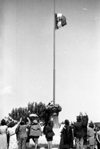 Sannazzaro de' Burgondi - Gruppo di persone disposte attorno al monumento raffigurante un fascio di spighe - Bandiera italiana