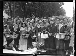 Ritratto di gruppo - Gruppo di donne in abiti tradizionali, alcune delle quali sorreggono un cesto di vimini - Balilla seduto Pavia - 3° Festa nazionale dell'uva