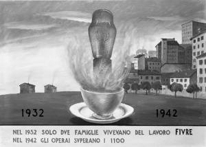 Pavia - piazza Dante - Fivre (Fabbrica Italiana Valvole Radio Elettriche) - Bozzetto (disegno) di Gino Testa con valvola al centro di una tazza in un contesto urbano