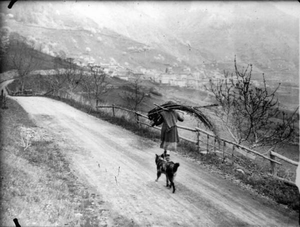 Valle Camonica - Strada - Contadina con fascina seguita da un cane