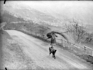 Valle Camonica - Strada - Contadina con fascina seguita da un cane