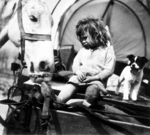 Scena di genere - Bambina su un carro con cavallo e cane