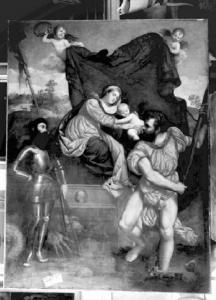Dipinto - Madonna con Bambino, S. Giorgio e S. Cristoforo - Paris Bordone - Lovere - Galleria Tadini