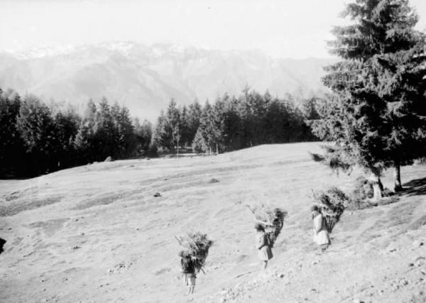 Cevo - Donne in un campo con gerle in spalla