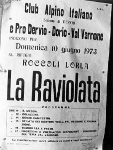 Il manifesto. Manifesto con il programma de "La Raviolata" al rifugio Roccoli Lorla organizzata dal C.A.I. Sezione di Dervio.