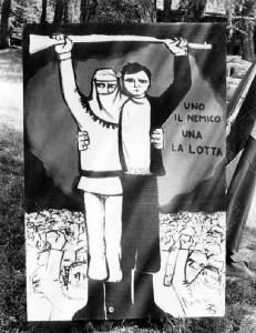 Festa partigiana. Manifesto con disegno e scritta "Uno il nemico/Una la lotta".