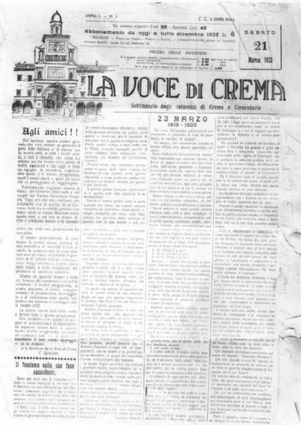 Fascismo - Cremona - "La Voce di Crema" - Frontespizio del settimanale