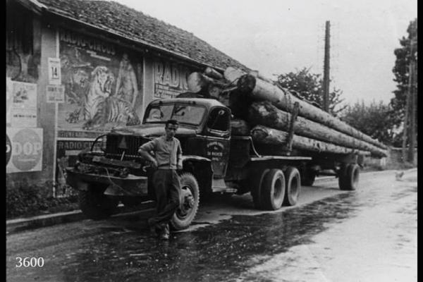 Il camionista Antonio Locatelli davanti al suo camion carico di tronchi.