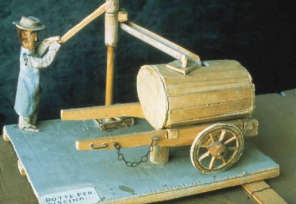 Poggio Rusco - Figurazioni di Remo Merighi - Plastico con scena di lavoro agricolo - Una botte per il trasporto dell'acqua