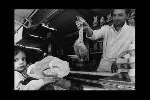 Milano, mercato di Piazza Martini. Venditore ambulante di pollame mentre mostra un pollo.