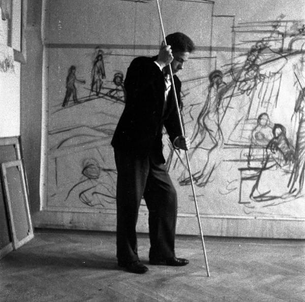 Milano - Studio del pittore Ernesto Treccani - Scena di posa per un dipinto