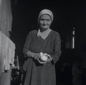 Melissa (Crotone) - Anziana contadina con piccione nelle mani sull'uscio di una casa