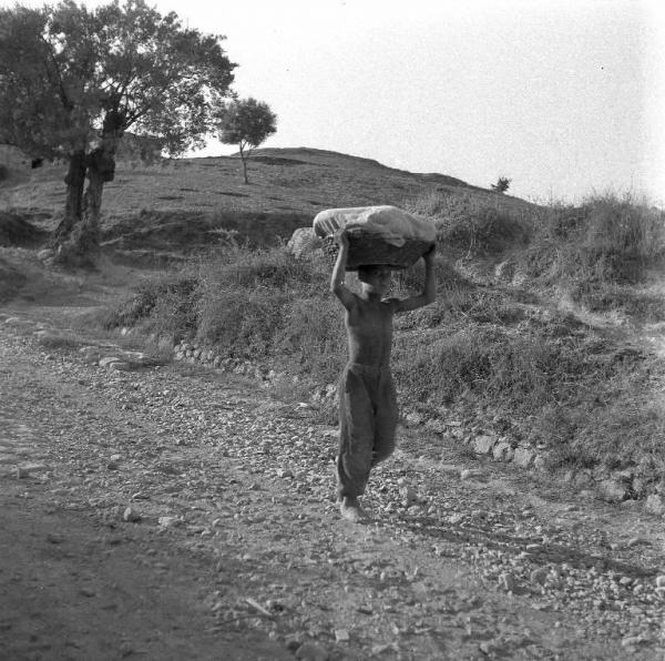 Melissa (Crotone) - Bambino con una cesta di pane sulla testa in una strada di campagna