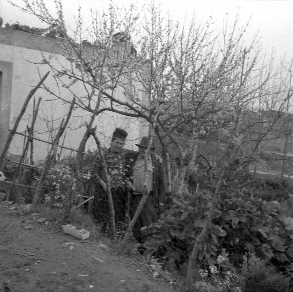 Melissa (Crotone) - Anziano contadino con una donna nel giardino della sua abitazione