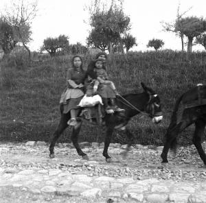 Melissa (Crotone) - Anziana contadina con ragazza e bambino su asino in una strada di campagna