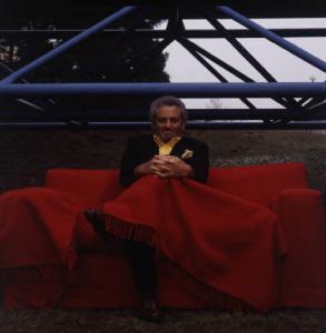 Ritratto maschile - adulto - Pierino Busnelli su un divano rosso - industriale - B & B Italia - mobili