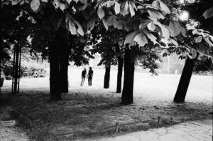 Giovane coppia passeggia fra gli alberi del parco