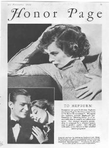 Pagina d'onore della rivista "Screenland" - 1933 - attrice Katharine Hepburn