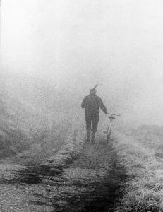Nebbia - uomo in cammino con bicicletta