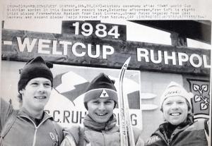 Sport invernali - Biathlon maschile - Ruhpolding (Germania) - Coppa del mondo di biathlon 1984 - Gara 10 km Sprint  - Frank-Peter Roetsch, Peter Angerer e Terje Krokstad all'arrivo