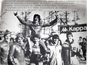 Sport invernali - Bob a due maschile - Breuil-Cervinia - Coppa del mondo di bob 1983 - I vincitori Gildo Sartore e Pasquale Gesuito tra l'equipaggio di Italia III (sinistra) e quello di Francia II